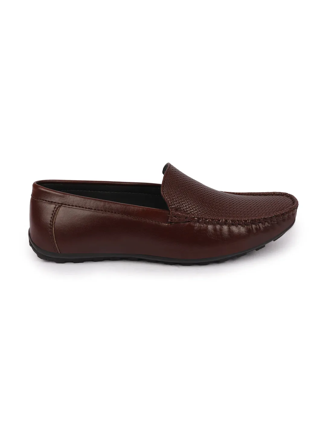 Basics Men Brown Textured Print Side Stitched Casual Slip On Loafers and Moccasin Shoes