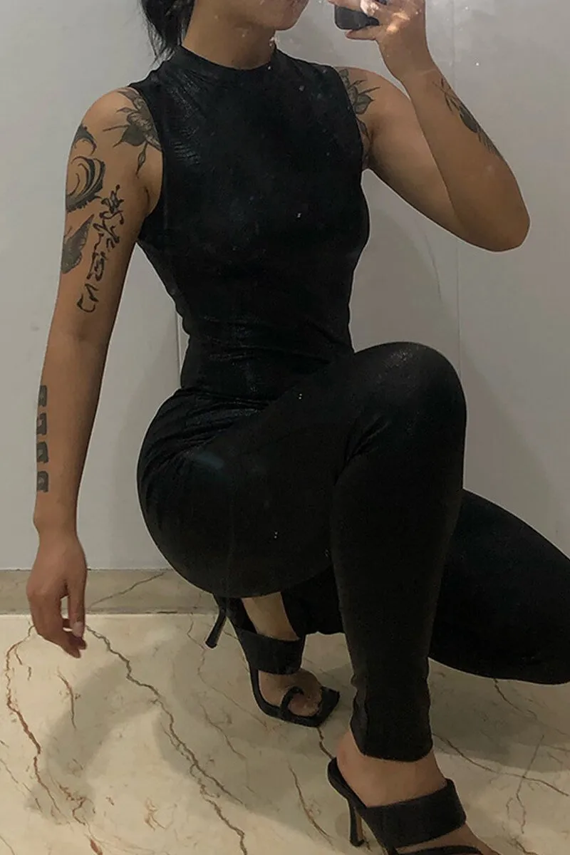 Black Sleeveless Leather Jumpsuit Mock Neck