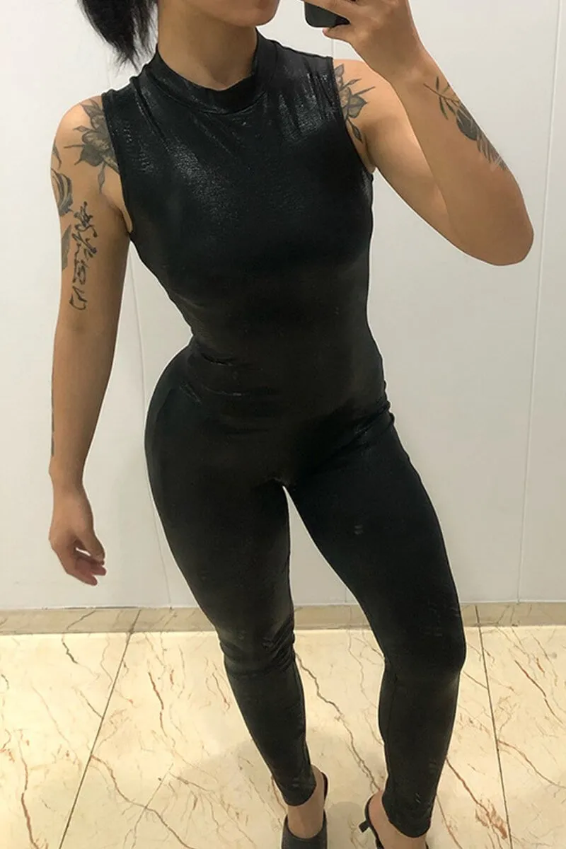 Black Sleeveless Leather Jumpsuit Mock Neck