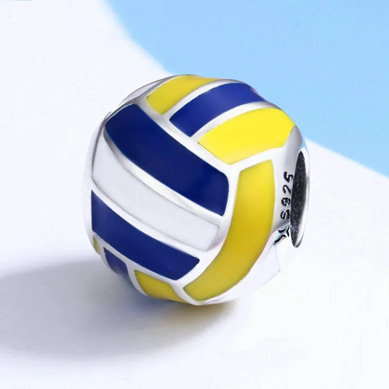 Blue, White & Yellow Enamel Volleyball Charm 925 Sterling Silver