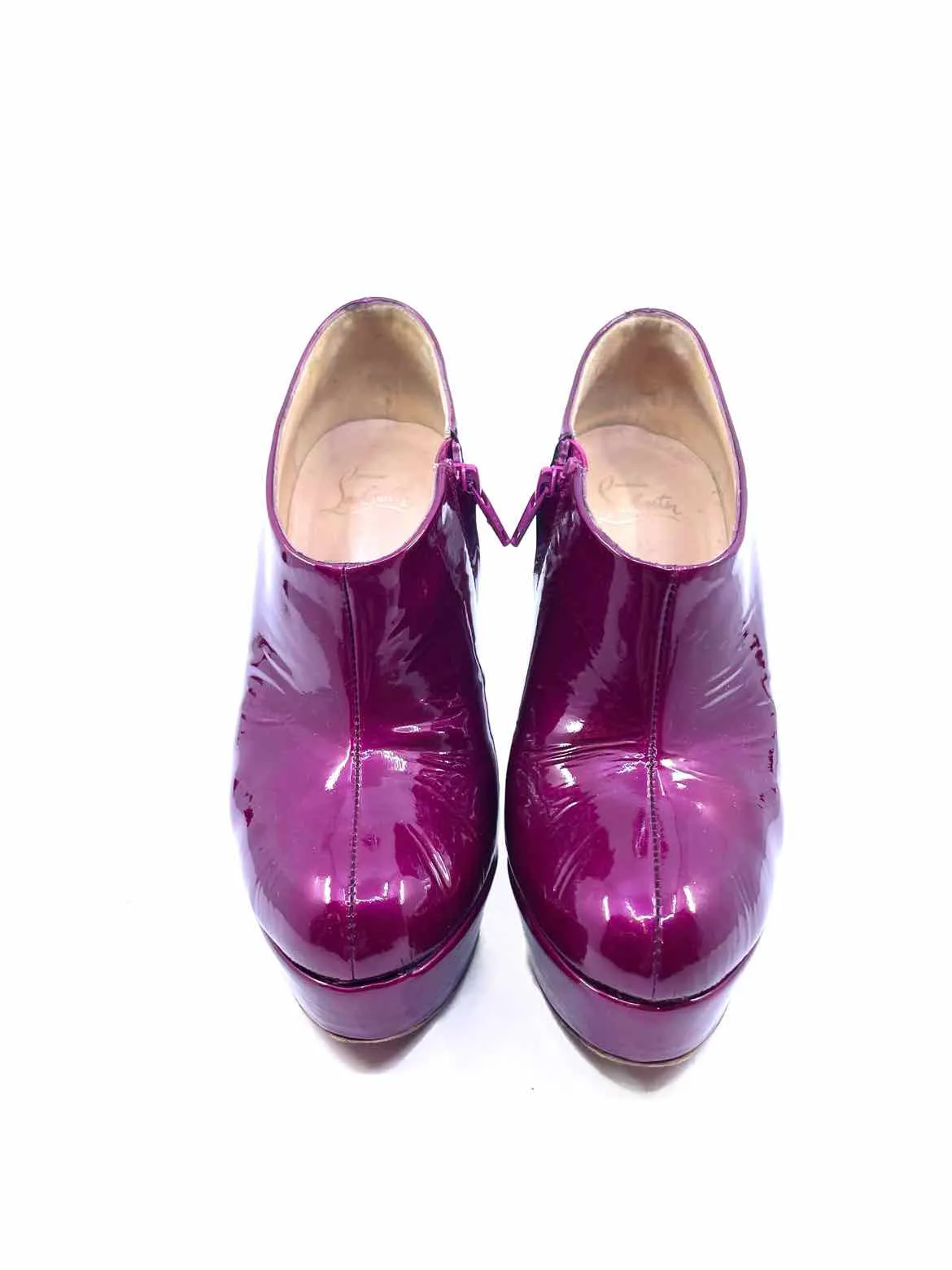 CHRISTIAN LOUBOUTIN Size 6.5 Magenta Patent Leather Iridescent Ankle Boot