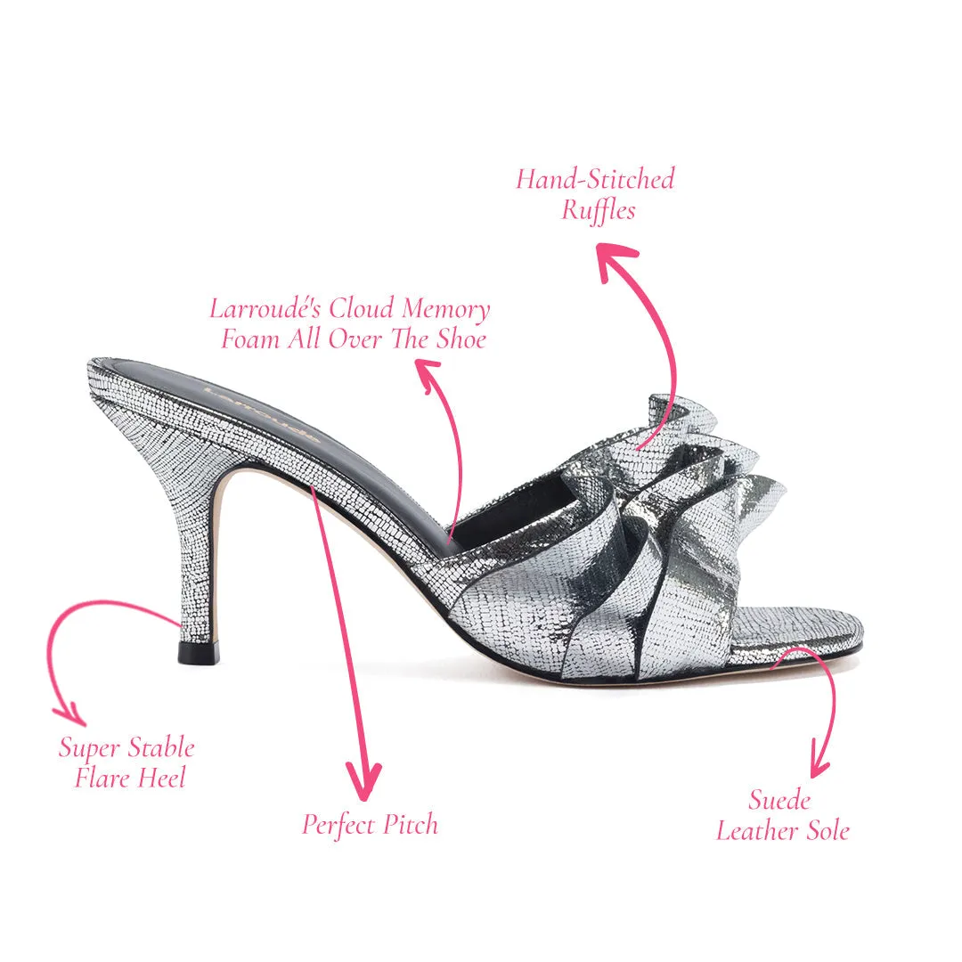 Colette Ruffle Mule In Silver Cracked Metallic Leather