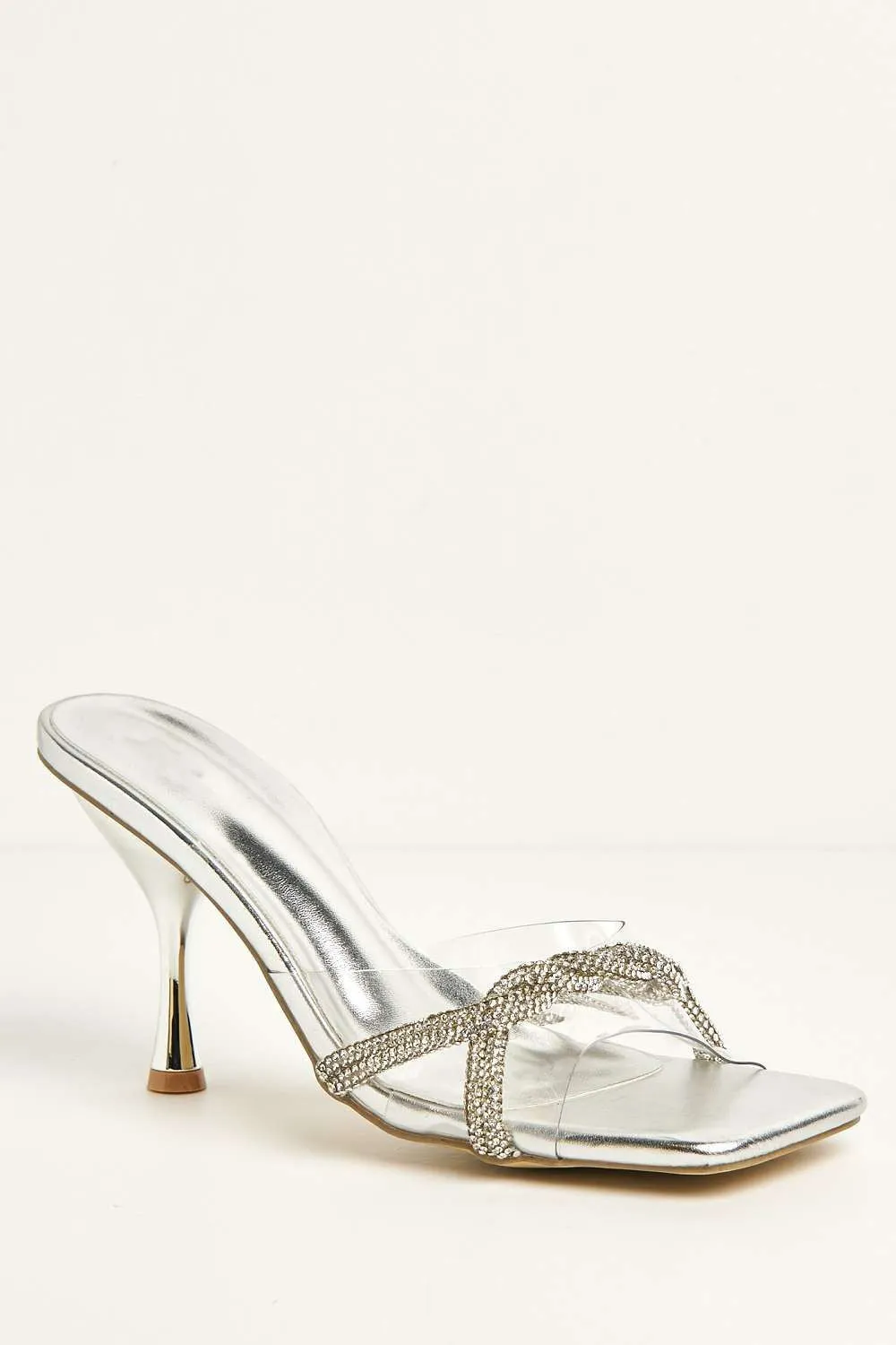 Galee Diamante Plaited Detail Perspex Heeled Mules in Silver