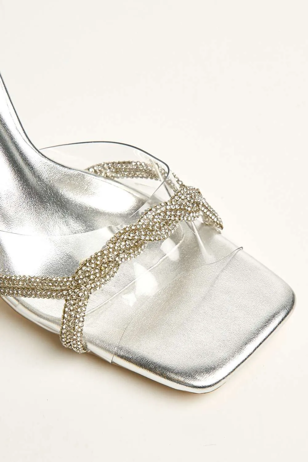 Galee Diamante Plaited Detail Perspex Heeled Mules in Silver