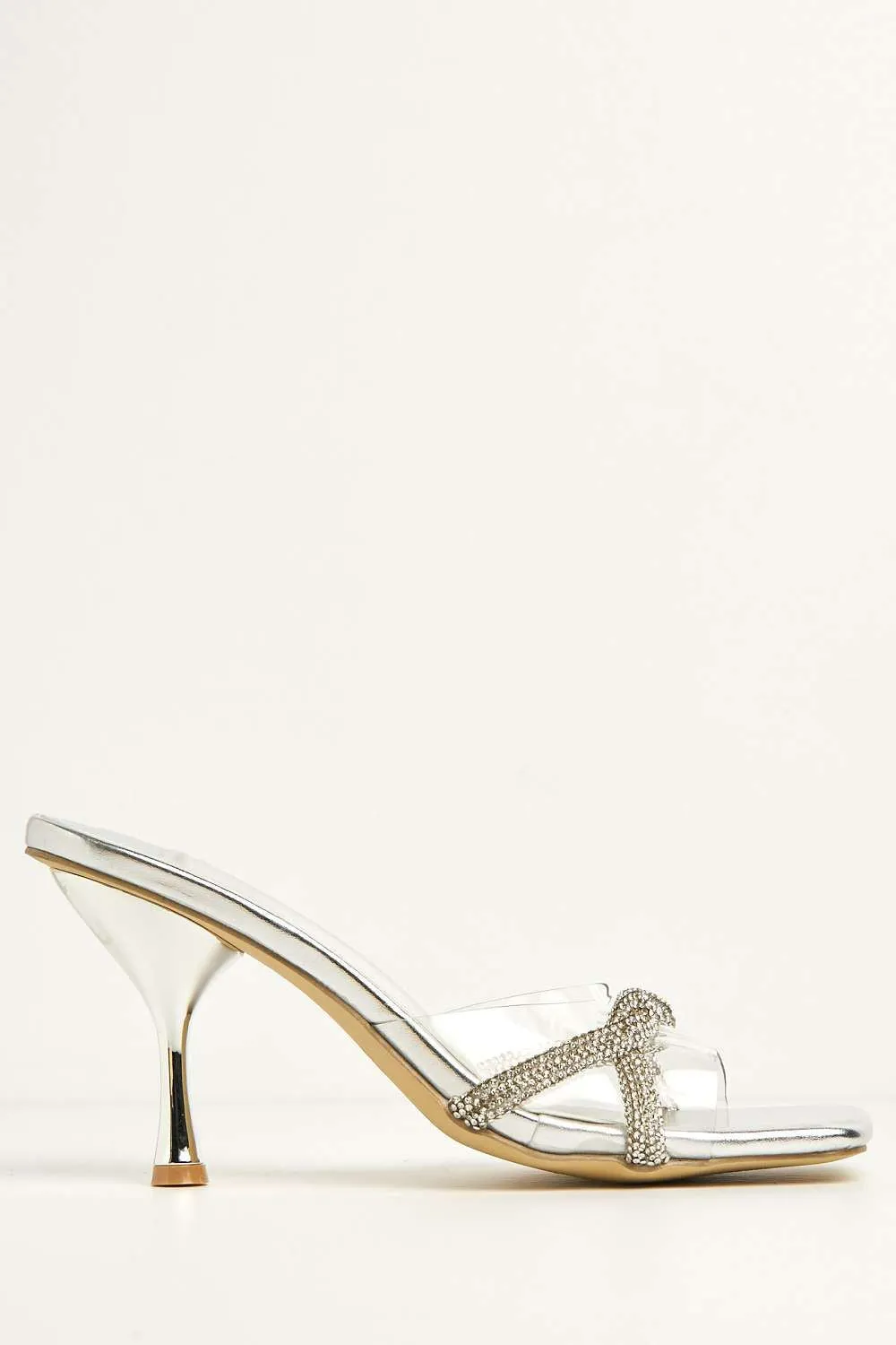 Galee Diamante Plaited Detail Perspex Heeled Mules in Silver