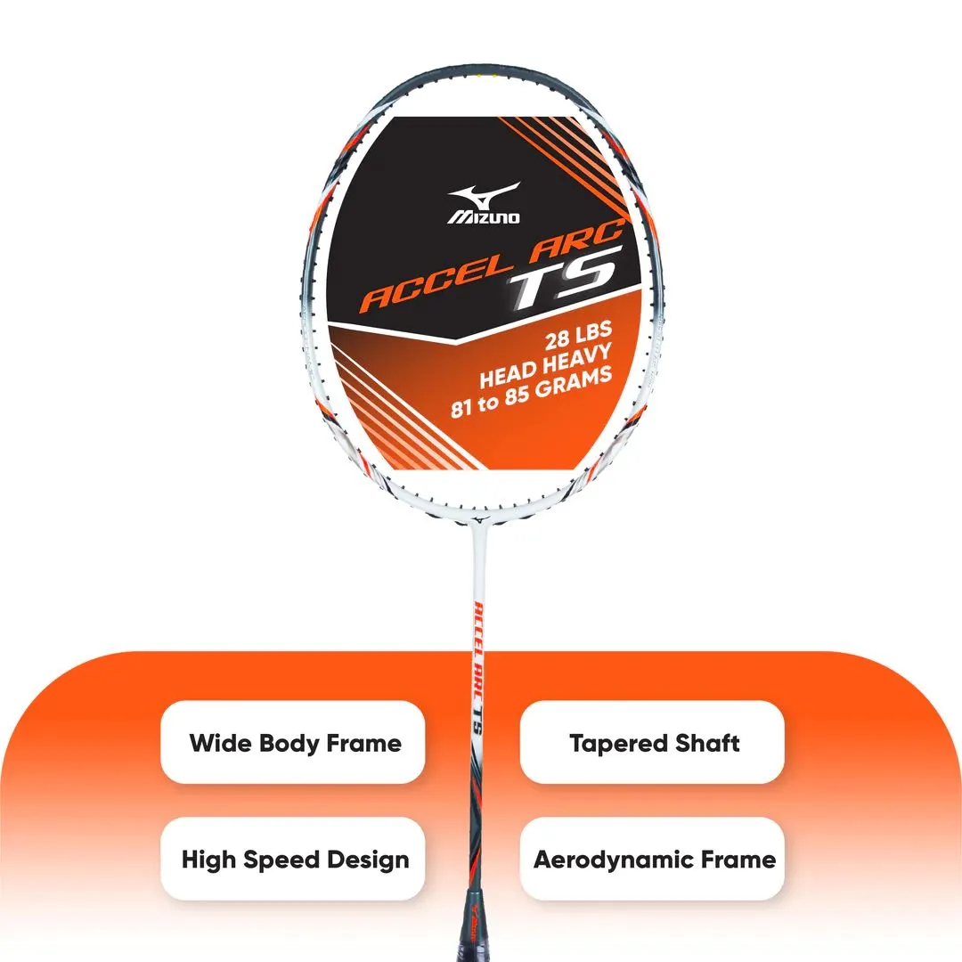 Mizuno Accel Arc TS Badminton Racket (Unstrung) - Pearl White/Smoked Gray/Orange