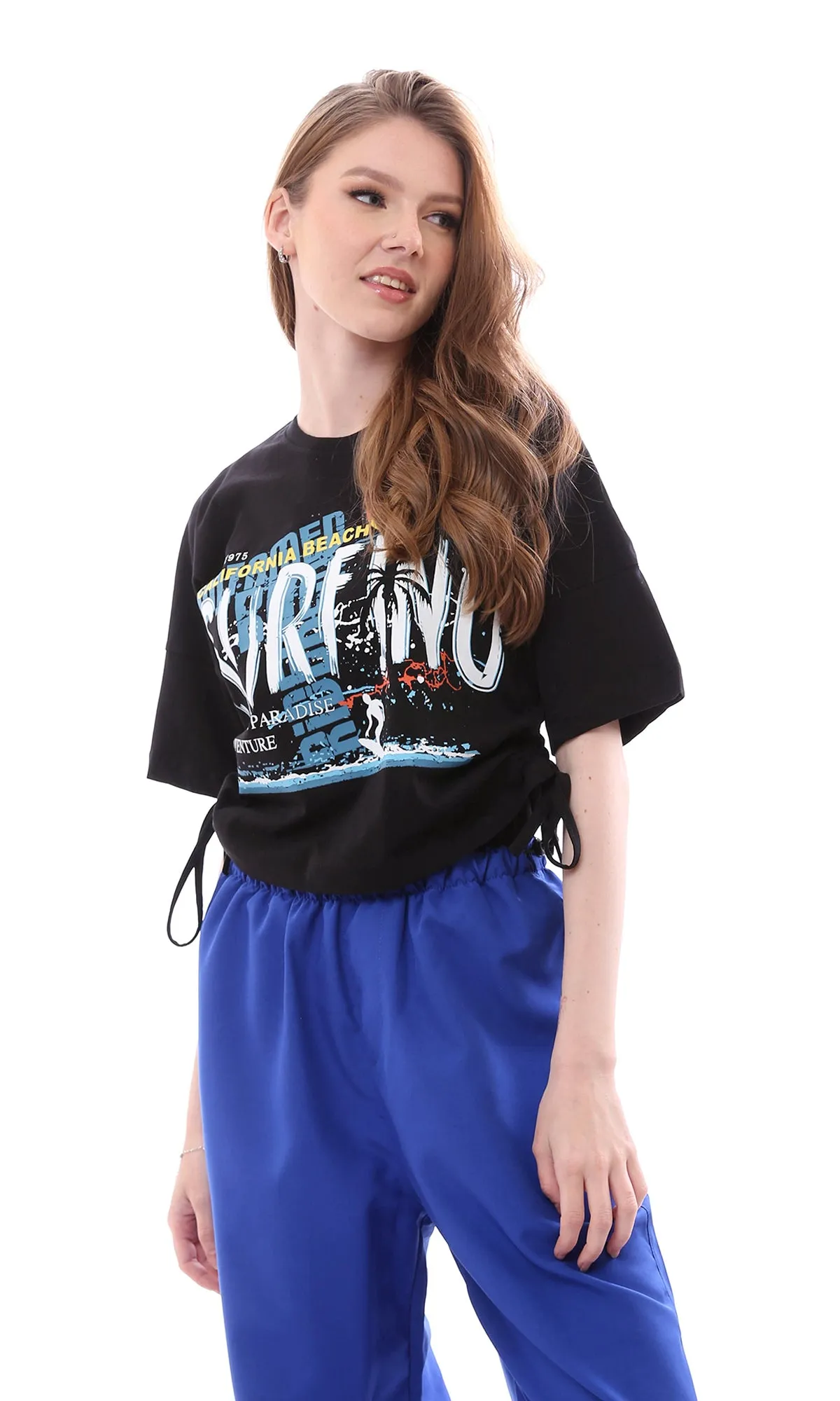 O165475 Black Cropped T-Shirt Surfing Printed With Side Drawstring