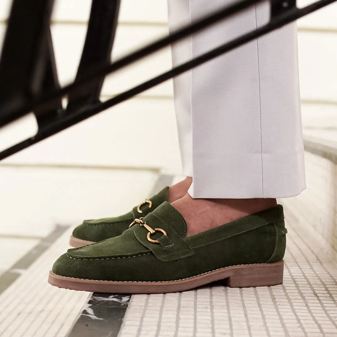 Penny Loafer Horsebit Buckle - Olive Green Suede Leather (Brown Crepe Sole)