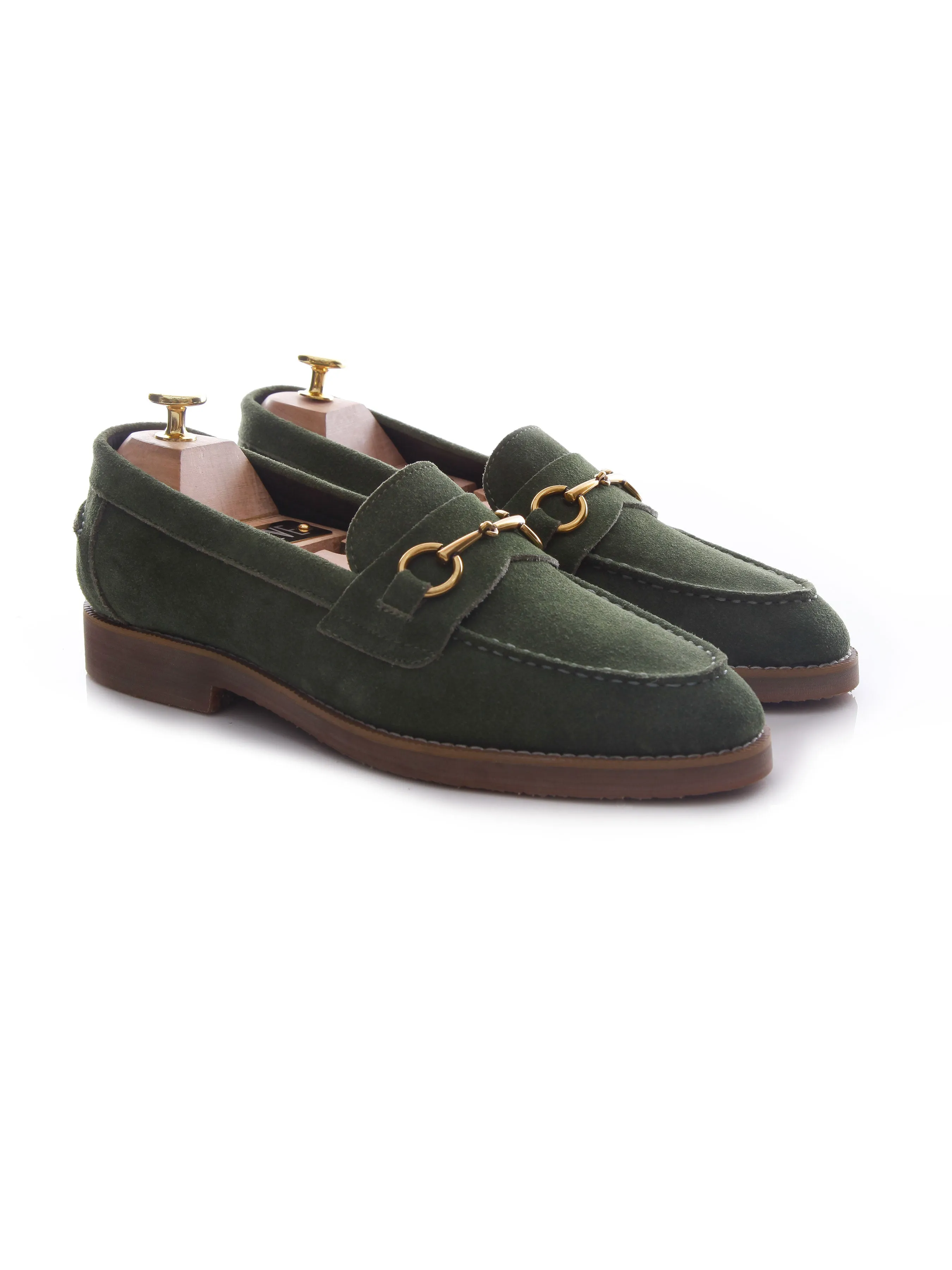 Penny Loafer Horsebit Buckle - Olive Green Suede Leather (Brown Crepe Sole)