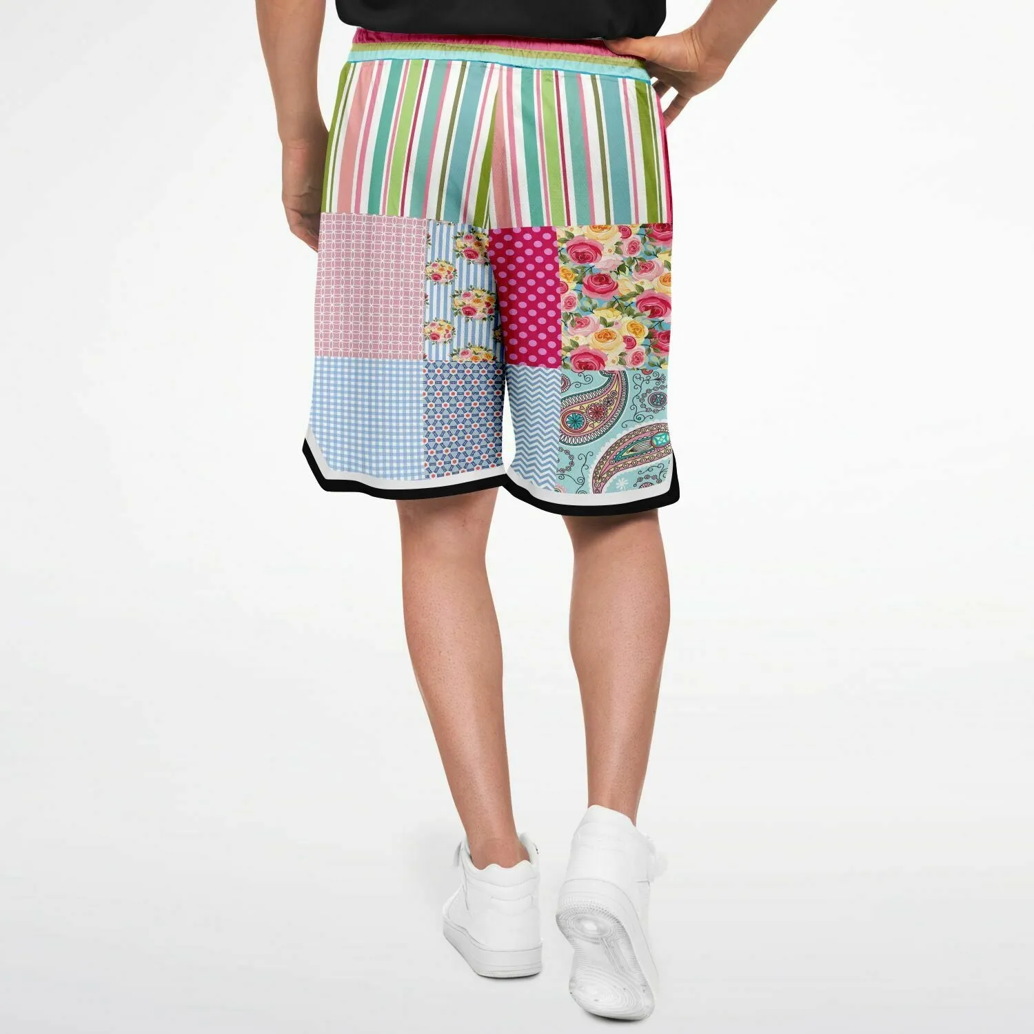 Pink Sherbert Floral Patchwork Plaid Basketball Shorts