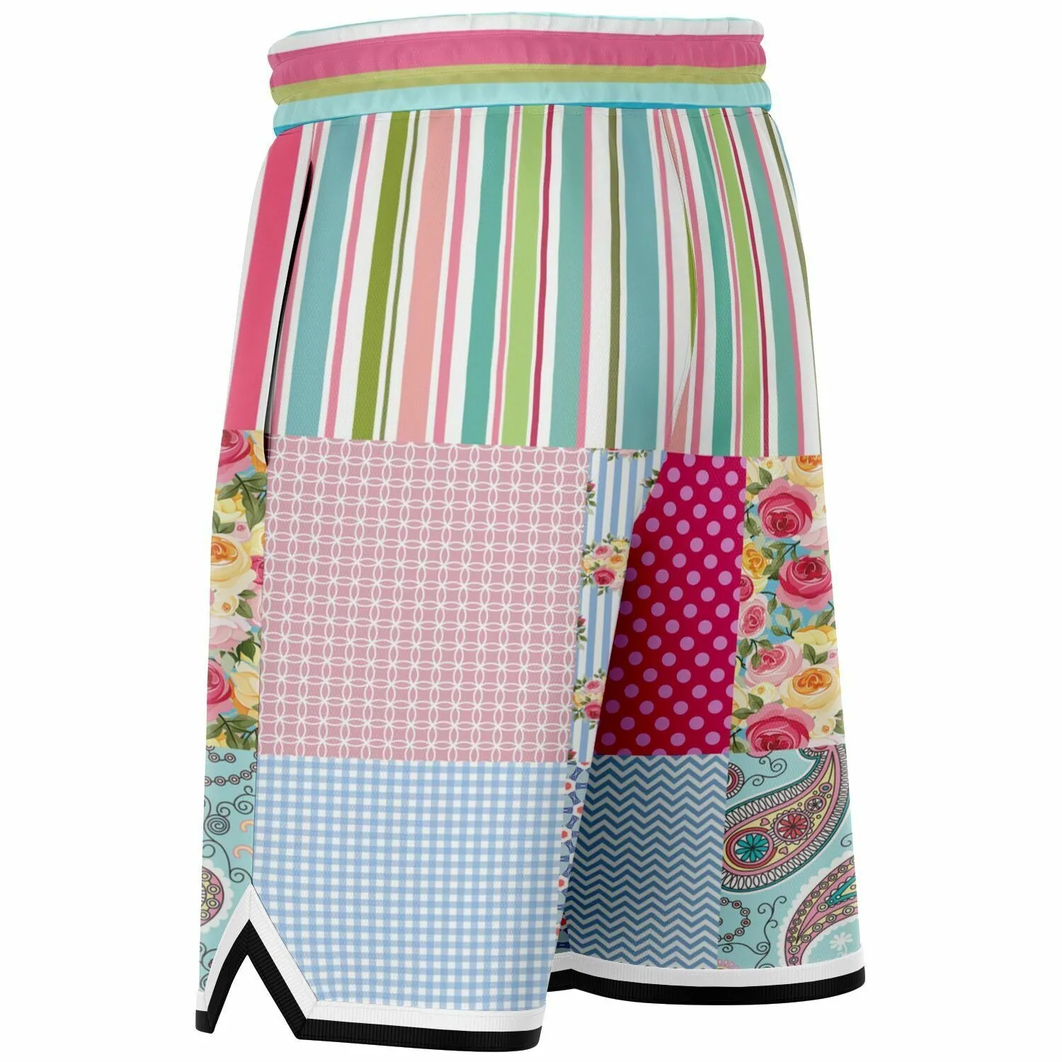 Pink Sherbert Floral Patchwork Plaid Basketball Shorts