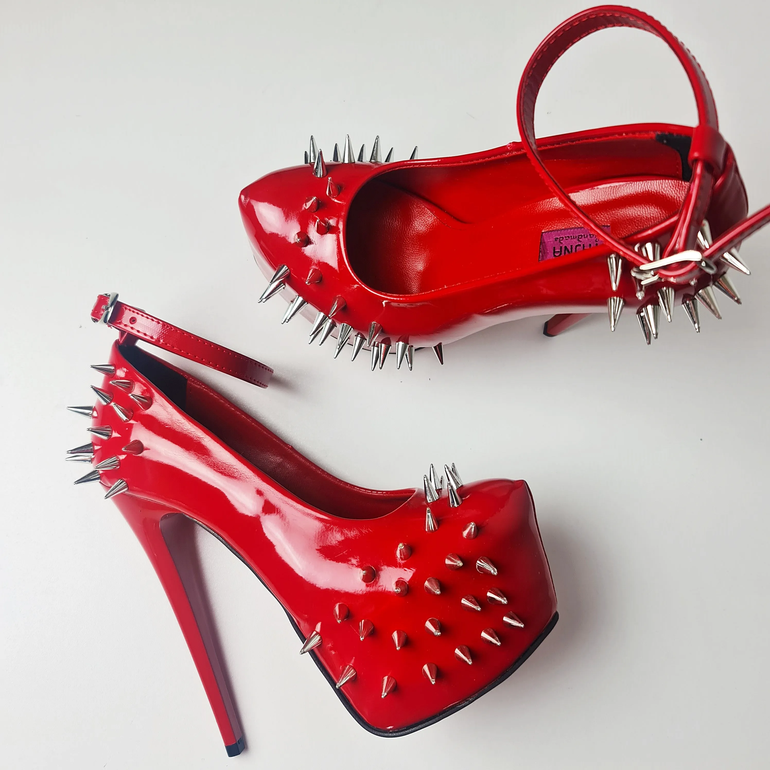 Red Gloss Spike Studded Ankle Strap Heels