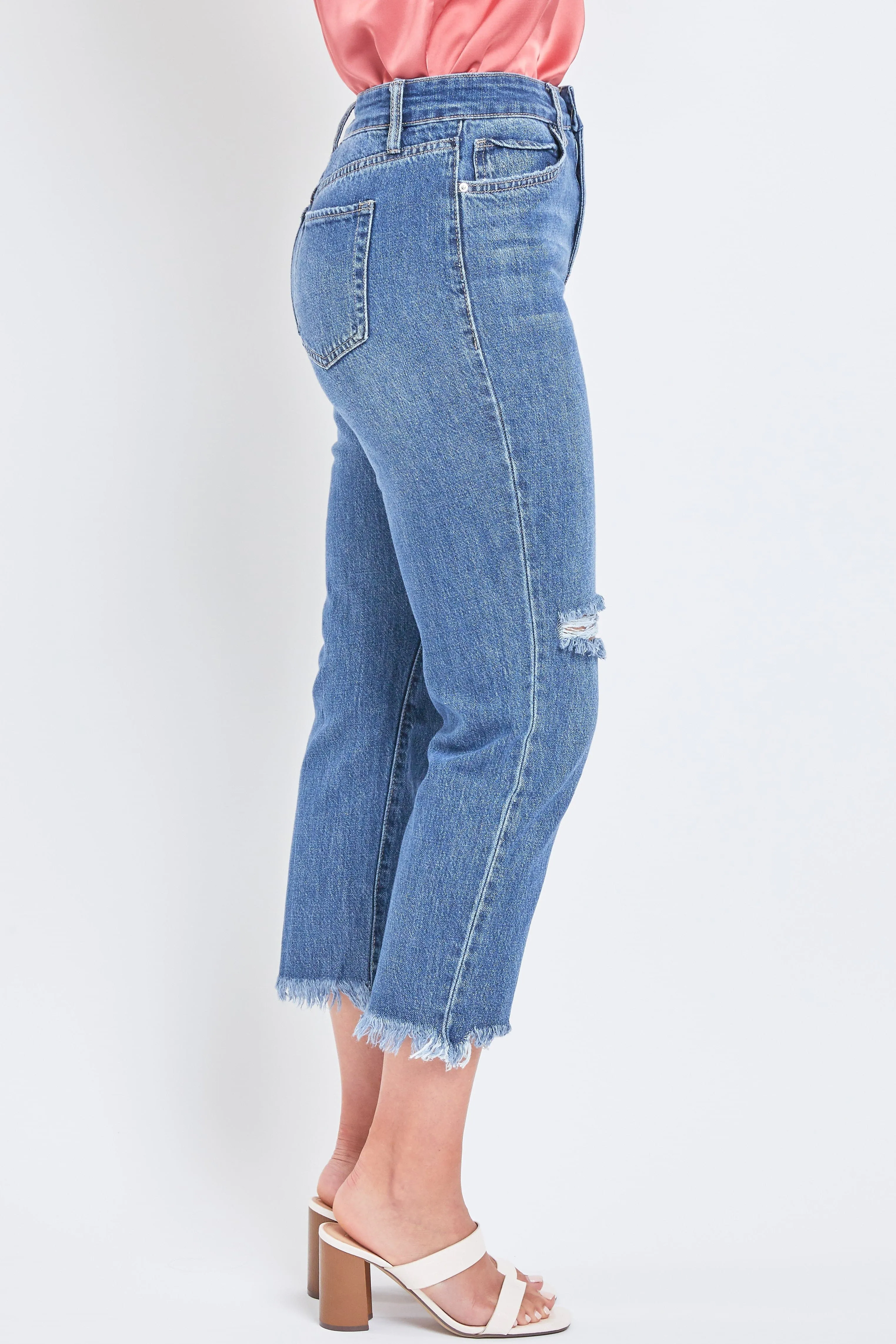 Women's Comfort Waist High Rise Straight Mom Fit Jeans with Destructed Hem